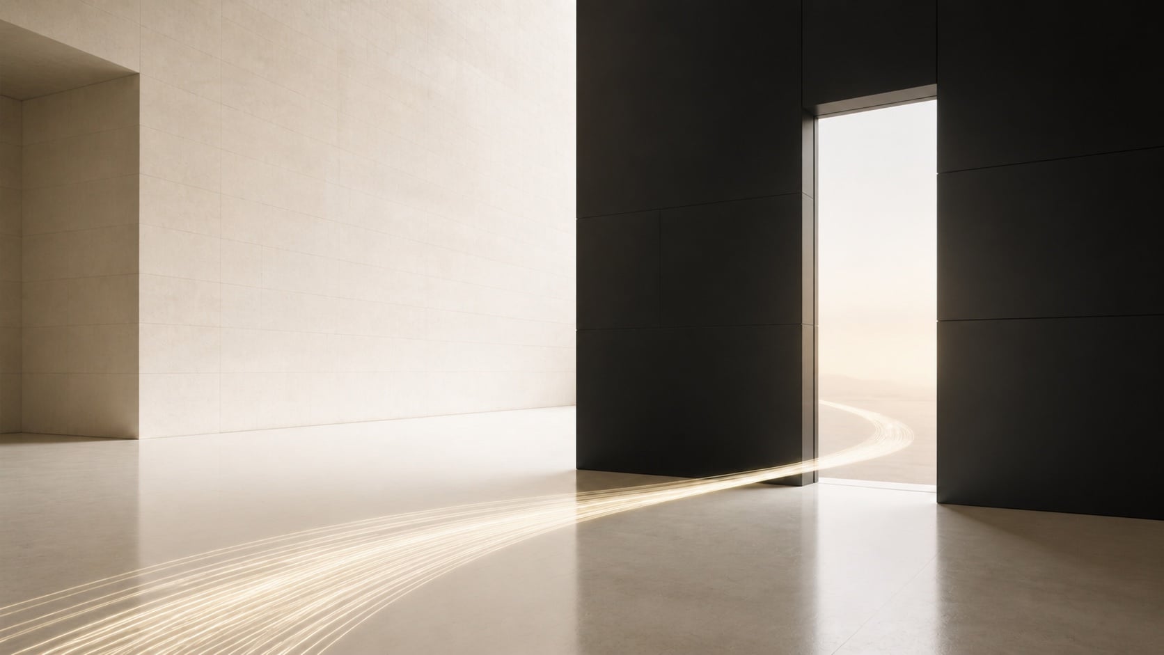 A matte black architectural portal with a ribbon of light passing through a precise rectangular opening